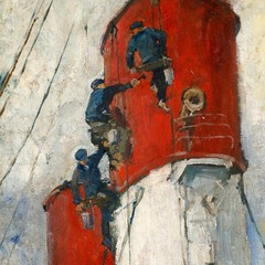 Schornstein eines Hamburg-S&uuml;d Dampfers wird angemalt, o.J., &Ouml;l auf Leinwand, Foto: Sabatier Galerie & Kunsthandel, Lizenz: Sabatier Galerie & Kunsthandel