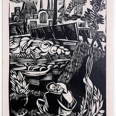 Conrad Felixm&uuml;ller, Liebespaar vor Industrielandschaft, 1923, Holzschnitt, Foto: Ludwig Rauch, Lizenz: VG Bild-Kunst, Bonn 2024