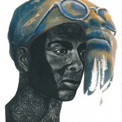 Tina Wohlfarth, KOPF#16_1, 2022, Mezzotinto/Cyanotypie/Marker auf Kupferdruckpapier, Foto: Tina Wohlfarth, Lizenz: Tina Wohlfarth